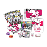 Pokémon trading card game set with cards, dice, and guide on a white background